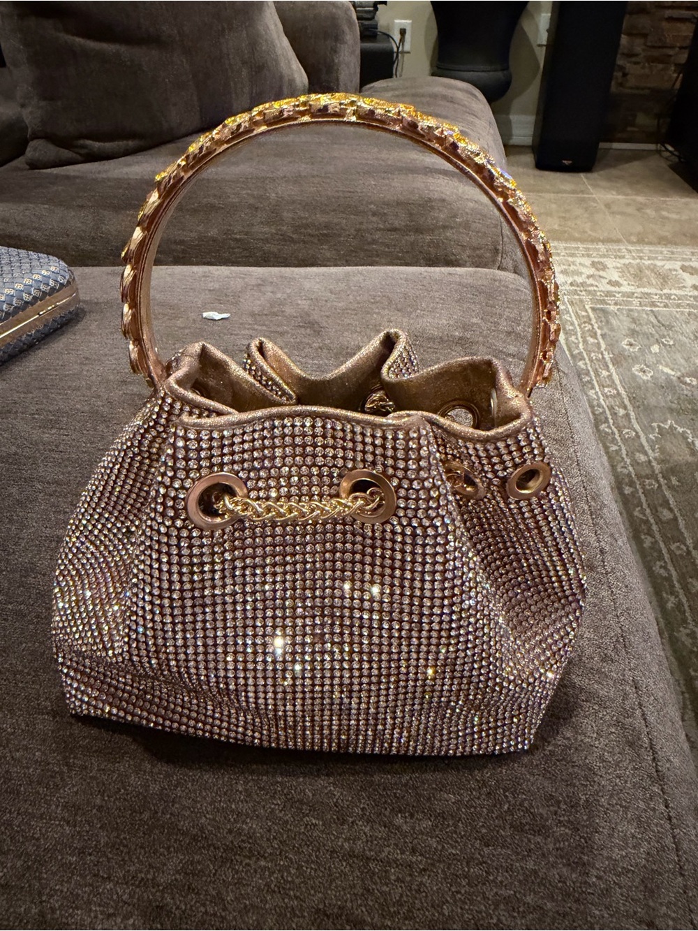 Embellished Rose Gold Mini Drawstring Bag with Crystal Handle - Picture 2 of 4